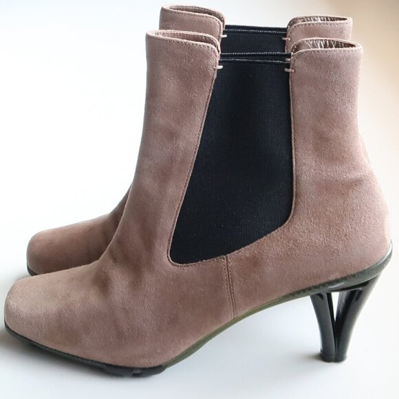 Asgi Beige Suede Leather Square Toe Heeled Chelsea Ankle Boots Booties 7.5 - Picture 1 of 16